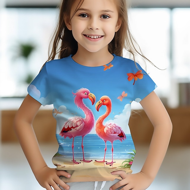  Voor meisjes 3D Bloemig Flamingo T-shirt Overhemd Roze Korte mouw 3D-afdrukken Zomer Lente Actief Modieus leuke Style Polyester Kinderen 3-12 jaar Strakke ronde hals Buiten Casual Dagelijks Normale