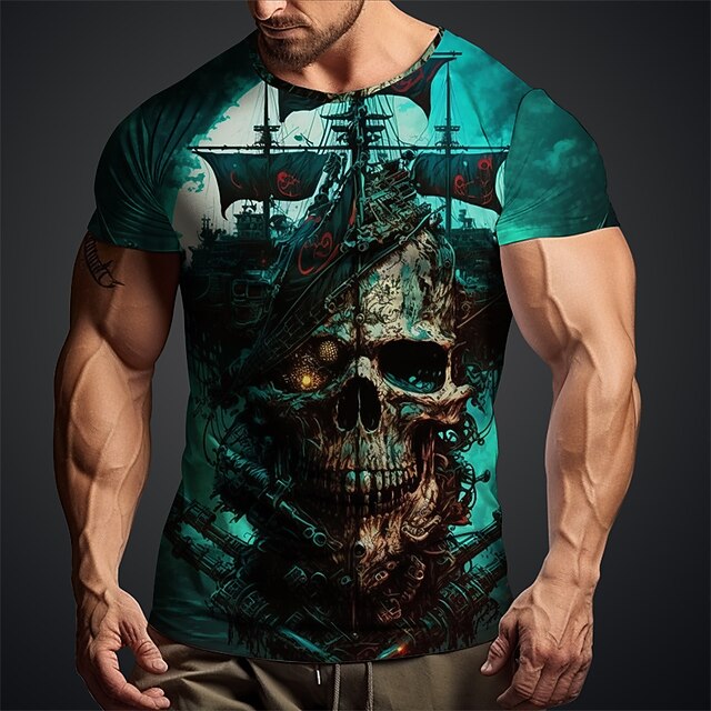 Men's Graphic Haunted Pirate Ship Skulls T Shirt Short Sleeve T shirt 3D Print Crew Neck Shirt Daily Designer Retro Vintage Sports Outdoor Holiday Going out Blue Sky Blue Red Spring & Summer Clothing4