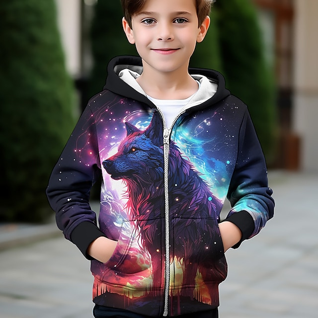  Fiú 3D Galaxis Farkas Kapucnis felsőrész Kabát Ruházat Hosszú ujj Ősz Tél Aktív Utcai sikk Menő Poliészter Gyerekek 3-12 év Cipzár Utca Napi Normál