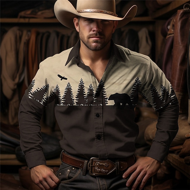  Herr Cowboy Västerländsk skjorta Knapp upp skjorta Cowboyskjorta Långärmad Vintage vilda västern-stil Ledigt / vardag Vår Höst vinter Nedvikt Skjortor med krage 3D-utskrift Framficka Brun Grå