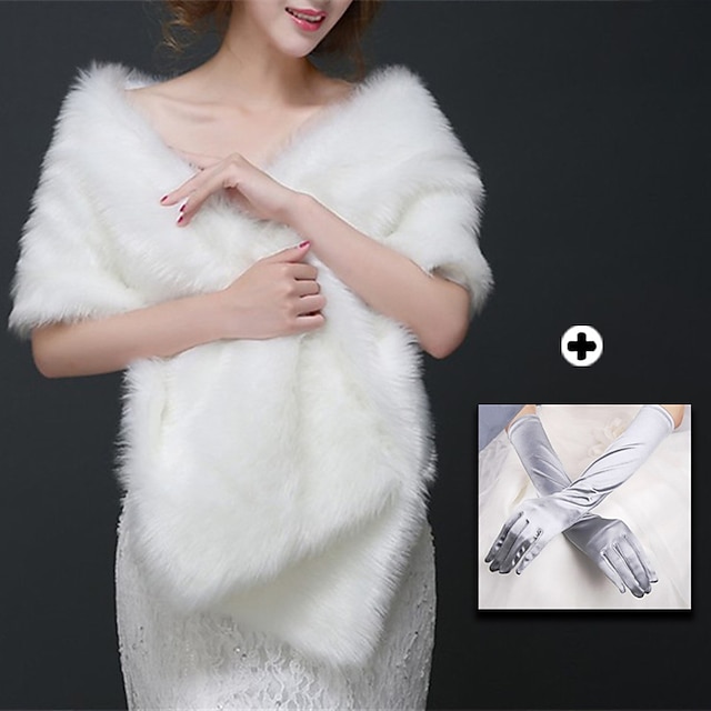  kvinder outfits hvid imiteret pels wraps sjaler kvinders wrap ren elegant ærmeløs imiteret pels bryllup wraps med fjer / pels til bryllup efterår& vinter& et par handsker