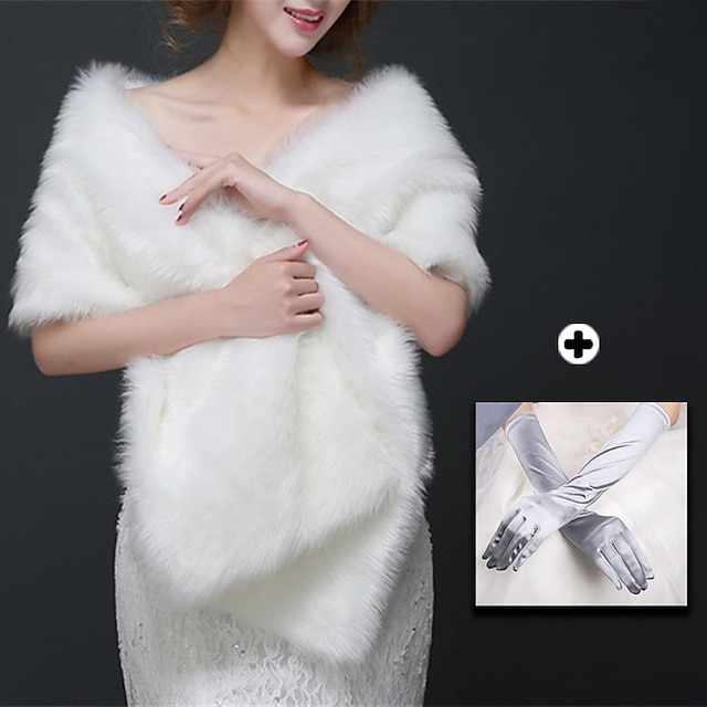  Women Outfits White Faux Fur Wraps Shawls Women‘s Wrap Pure Elegant Sleeveless Faux Fur Wedding Wraps With Feathers / Fur For Wedding Fall & Winter & A Pair of Gloves