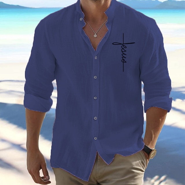  Men's Linen Linen Cotton Blend Shirt Linen Shirt Button Up Shirt Faith Print Long Sleeve Standing Collar Black, White, Pink Shirt Outdoor Daily Wear Vacation