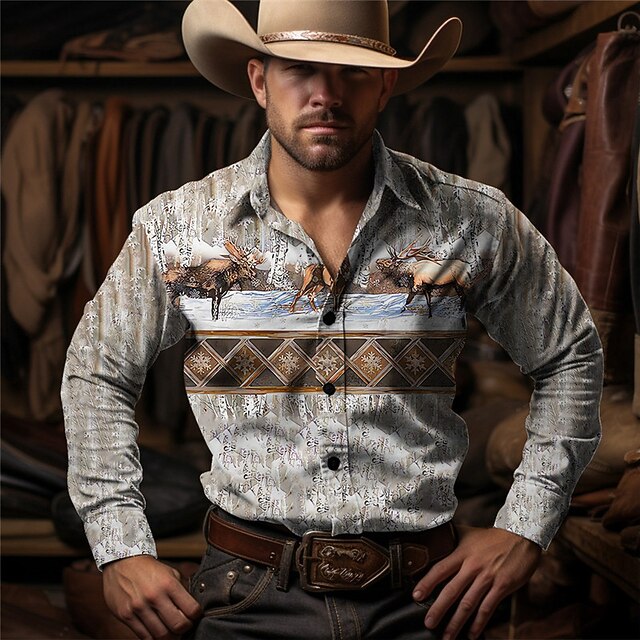 Men's Cow Shirt Western Shirt Cowboy Shirt Long Sleeve Vintage Western Style Outdoor Street Casual Daily Fall & Winter Turndown Buttons Print Blue Brown Gray4