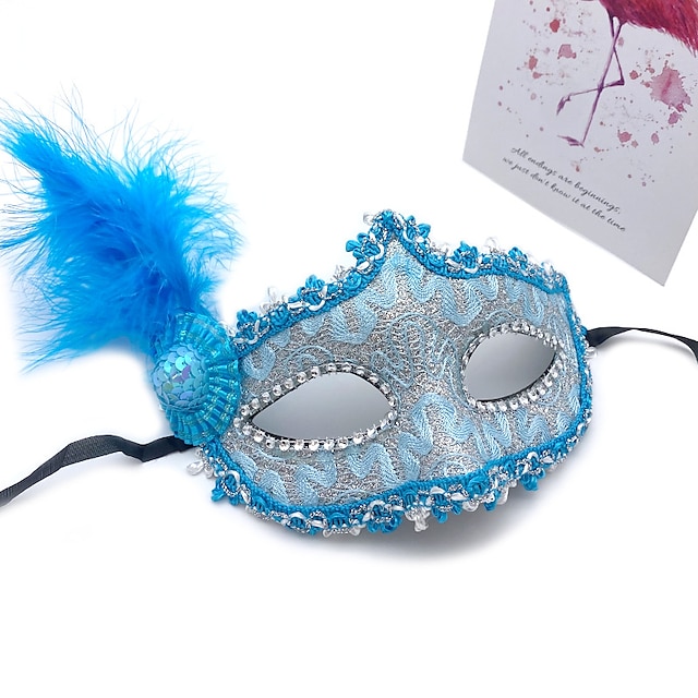  palla per il trucco maschera da principessa in pizzo con piume maschera per gli occhi a metà viso per bambini oggetti di scena blu per feste di Halloween da donna