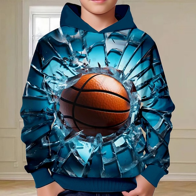 Drenge 3D Basketball Hattetrøje Pullover Langærmet 3D-udskrivning Forår Efterår Mode Gade Sej Polyester Børn 3-12 år Hætte udendørs Afslappet Daglig Regulær