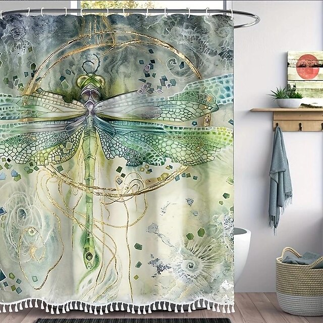 1pc Waterproof Dragonfly Shower Curtain with 12 Hooks Durable