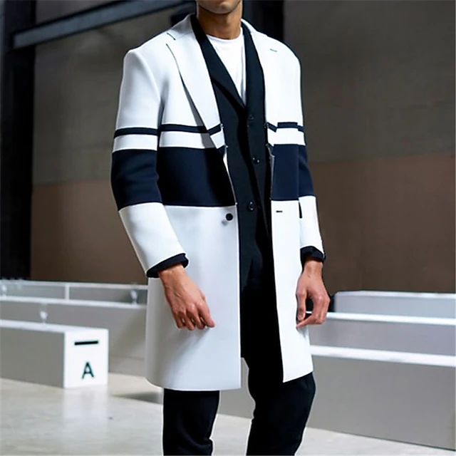 Men's Stripe Winter Coat Overcoat Coat Warm Comfortable Breathable Fashion Streetwear Business Work Wear to work Going out Pocket Print Fall & Winter Turndown Long Sleeve White Red Blue 6