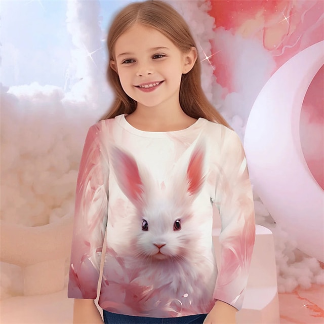 Jente 3D Kanin T-skjorte Skjorte Rosa Langermet 3D-utskrift Vår Høst Aktiv Mote søt stil Polyester Barn 3-12 år Crew-hals utendørs Avslappet Daglig Normal