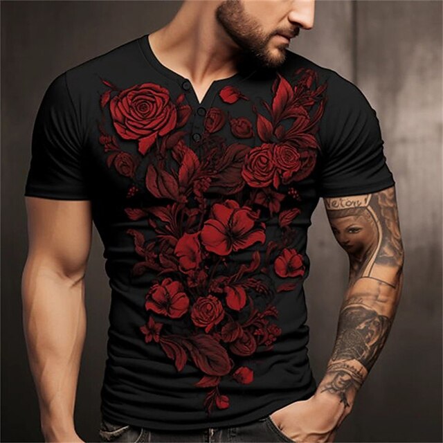 Men's Day of the Dead Graphic Valentine's Day Rose T Shirt Henley Shirt Short Sleeve 3D Print Fashion Retro Vintage Classic Sports Outdoor Holiday Going out Spring & Summer Black Red Henley Henley3