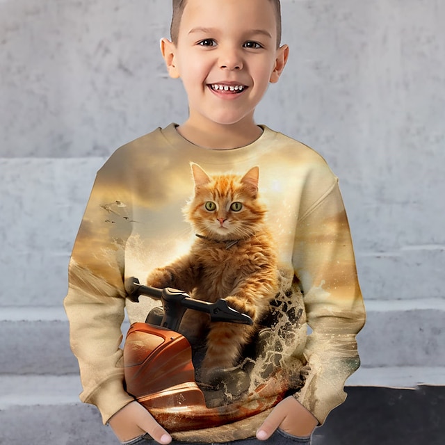  Dla chłopców 3D Kot Bluzy Pullover Długi rękaw Druk 3D Wiosna Jesień Moda Moda miejska Nowoczesne Poliester Dzieci 3-12 lat Półgolf Na zewnątrz Codzienny Regularny