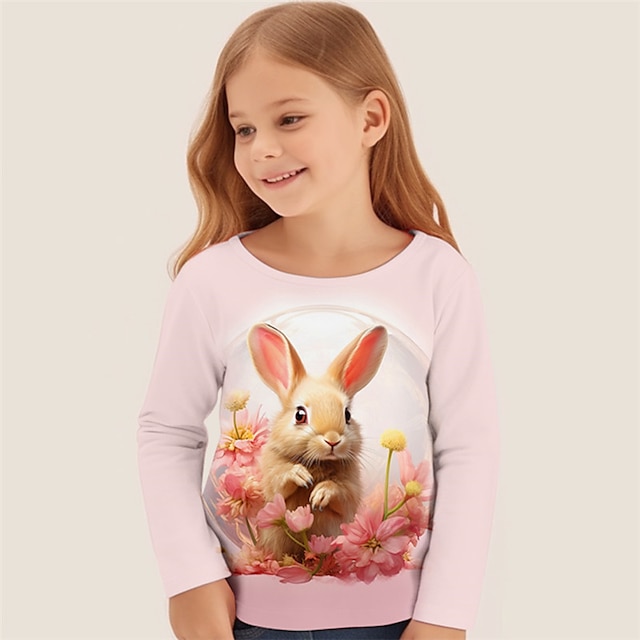  Jente 3D Blomstret Kanin T-skjorte Skjorte Rosa Langermet 3D-utskrift Vår Høst Aktiv Mote søt stil Polyester Barn 3-12 år Crew-hals utendørs Avslappet Daglig Normal