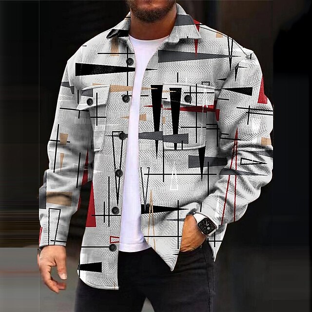 Men's Geometric Pattern Geometry Gradual Shirt Shirt Jacket Overshirt Long Sleeve Casual Outdoor Street Casual Daily Fall & Winter Turndown Buttons Pocket Print Red Blue Gray4