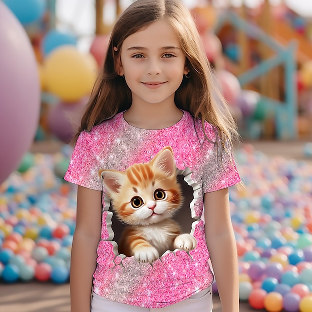  tyttöjen 3d kissan t-paita vaaleanpunainen lyhythihainen 3d print kesä aktiivinen muoti söpö polyesteri lapset 3-12 vuotta pyöreä kaula ulkona rento päivittäinen normaali istuvuus