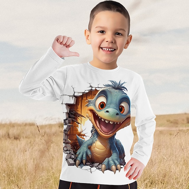  Dla chłopców 3D Kreskówki Dinozaur T-shirt Koszula Długi rękaw Druk 3D Wiosna Jesień Sport Moda Moda miejska Poliester Dzieci 3-12 lat Półgolf Na zewnątrz Codzienny Regularny