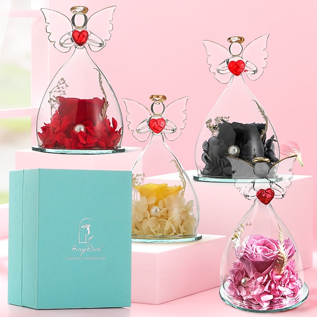  Women's Day Gifts Festival Angel Eternal Flower Glass Cover Rose Decoration Valentine's Day Birthday Gift Valentine's Day for Her Mother's Day Gifts for MoM