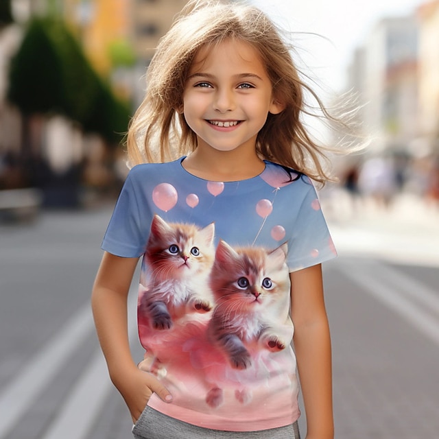  女の子 3D 猫 Ｔシャツ シャツ ピンク 半袖 3Dプリント 夏 活発的 ファッション かわいいスタイル ポリエステル 子供 3〜12年 クルーネック アウトドア カジュアル 日常 レギュラー