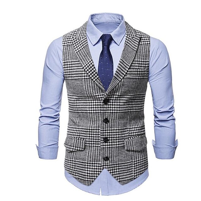 Men's Gilet Casual Daily Traditional Spring Autumn Basic Terylene Casual / Daily Houndstooth Single Breasted Closure collar Form Fit Black Vest2