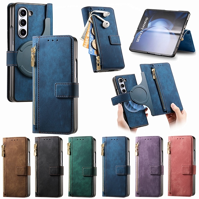  Phone Case For Samsung Galaxy Z Fold 5 Z Fold 4 Z Fold 3 Back Cover Wallet Case With Magsafe with Stand Holder Magnetic Zipper Retro TPU PU Leather
