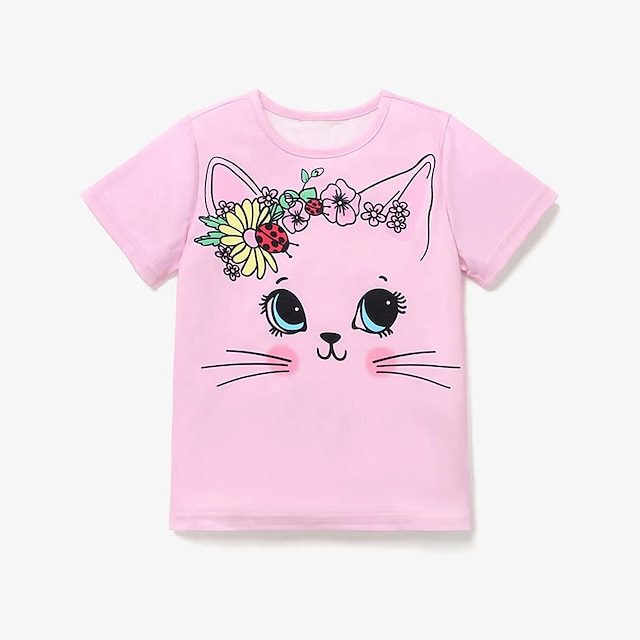  Girls' 3D Cartoon Cat Tee Shirt Pink Short Sleeve 3D Print Summer Active Fashion Cute Polyester Kids 3-12 Years Crew Neck Outdoor Casual Daily Regular Fit