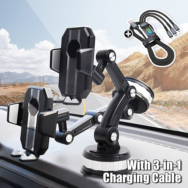  Set of Car Phone Holder Mount and 3 in 1 Fast Charging Cable, Durable Cell Phone Holder Car Solid for Dashboard Windshield Long Arm Strong Suction Cell Phone Car Mount Thick Case for iPhone Samsung