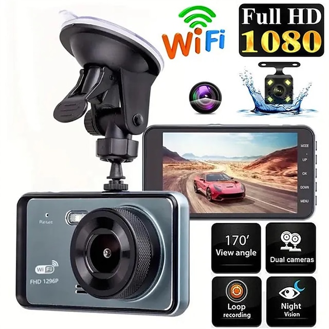  Caméra de tableau de bord 4 pouces 1080p, caméra dvr pour voiture, écran tactile, enregistreur vidéo à double objectif, enregistrement de cycle, vidéo, wifi, enregistreur de conduite