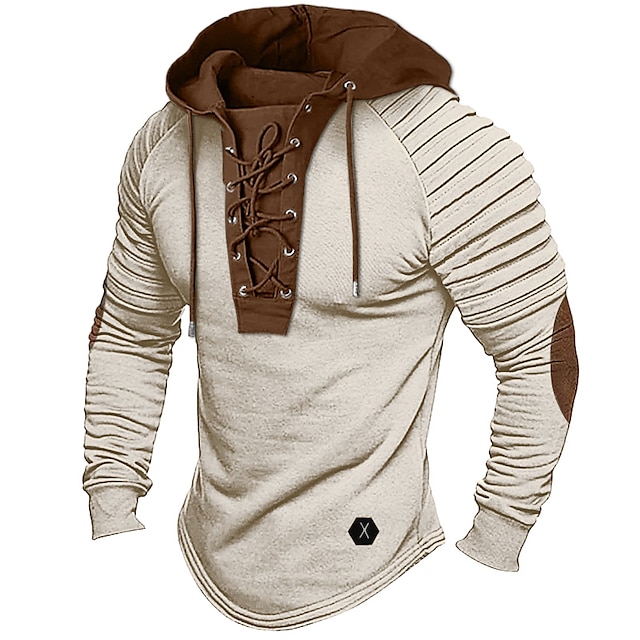  Men's T Shirt Tee Top Long Sleeve Shirt Long Sleeve Hooded Spring &  Fall Color Block Slim Pleated Fashion Designer Basic Lace up Patchwork Vacation Street Going out Black Army Green Beige Top Tee