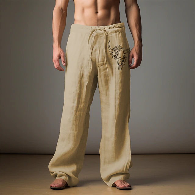 Men's Graphic Cattle Pants Trousers Mid Waist Casual Vacation Daily Wear Going out Spring Fall Light Brown Blue Green 6