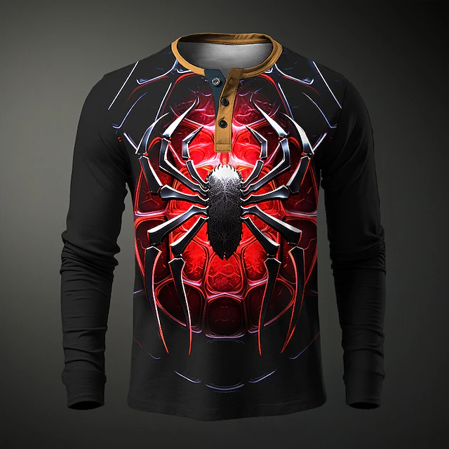 Men's Graphic Spiders Henley Shirt Long Sleeve 3D Print Fashion Daily Casual Casual Holiday Going out Spring & Fall Yellow Red Blue Purple Henley Henley T-Shirt 5