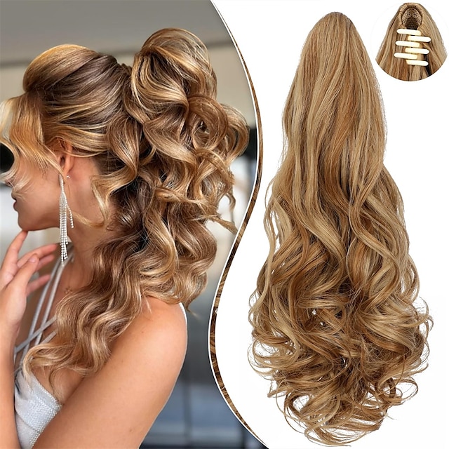  Ponytail Extension Claw 18 Curly Wavy Clip in Hairpiece Ponytail Hair Extensions Long Pony Tail Synthetic for Women Ash blonde mix Ginger Brown