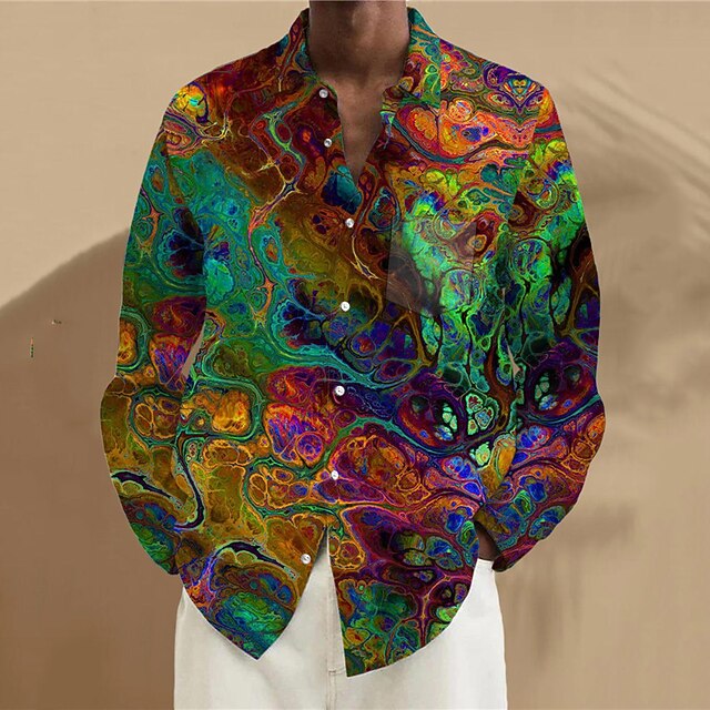 Men's Optical Illusion Shirt Linen Shirt Button Up Shirt Long Sleeve Artistic Abstract Daily Wear Going out Weekend Spring Turndown Print Button-Down Violet Yellow Green4