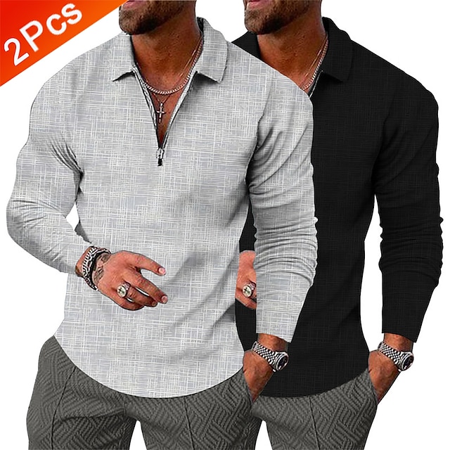  Multi Packs 2pcs Men's Polo Collar Long Sleeve 1 Polo Zip Polo Golf Shirt Plain Daily Wear Vacation Polyester Spring &  Fall