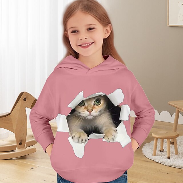 Girls' 3D Cat Hoodie Pullover Pink Long Sleeve 3D Print Spring Fall ...