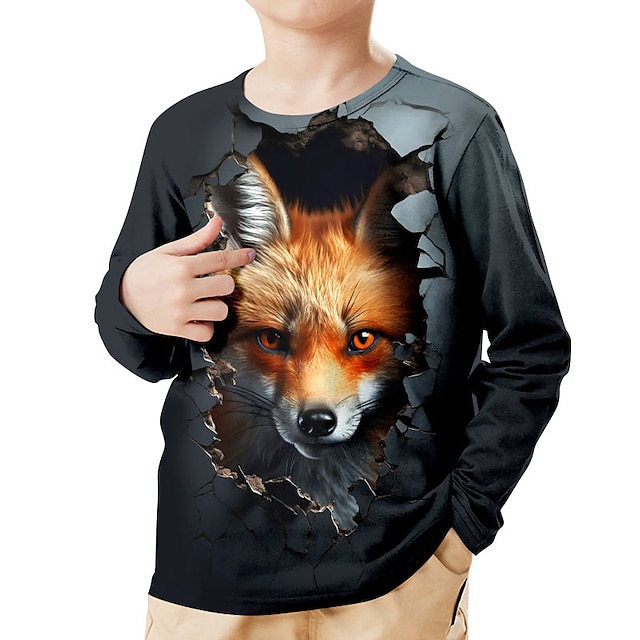  Boys 3D Fox Tee Shirt Long Sleeve 3D Print Spring Fall Sports Fashion Streetwear Polyester Kids 3-12 Years Crew Neck Outdoor Casual Daily Regular Fit