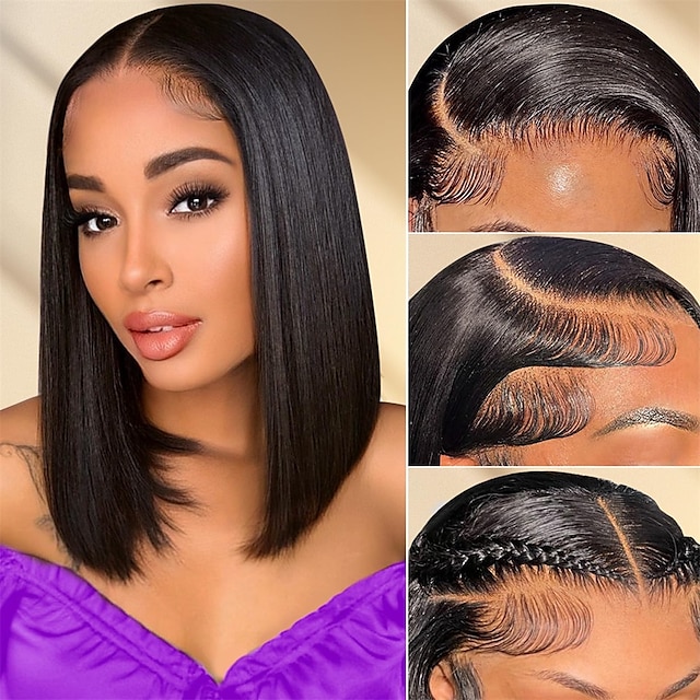  Bob Wig Human Hair 13x4 HD Lace Front Wigs For Black Women 180% Density  Wigs Human Hair Pre Plucked with Baby Hair Short Straight Brazilian Virgin Human Hair Bob Wigs Natural Color