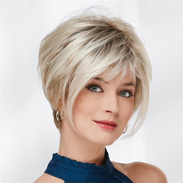  Synthetic Wig Straight With Bangs Machine Made Wig Short A1 Synthetic Hair Women's Soft Fashion Easy to Carry Blonde