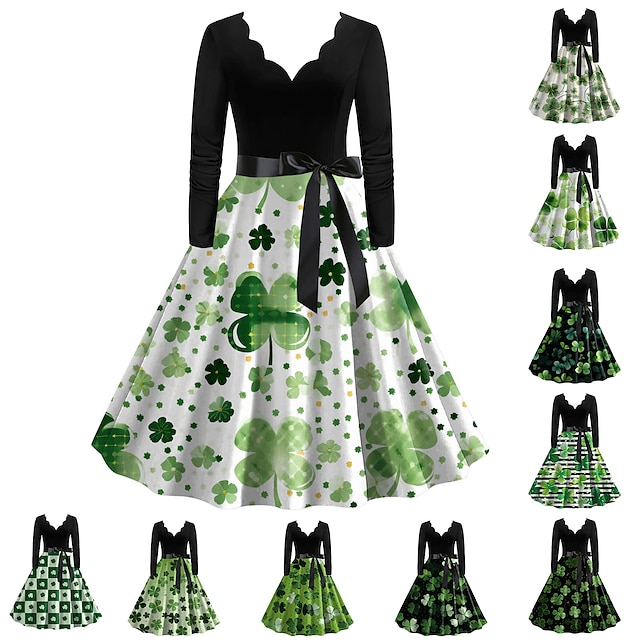 1950'erne Vintage Inspireret Cocktail Kjole Vintage kjole Kjoler A-line kjole Te kjole Flare kjole Knælang Dame A-linje Sankt Patricks dag Bal Dagligdagstøj Kjole