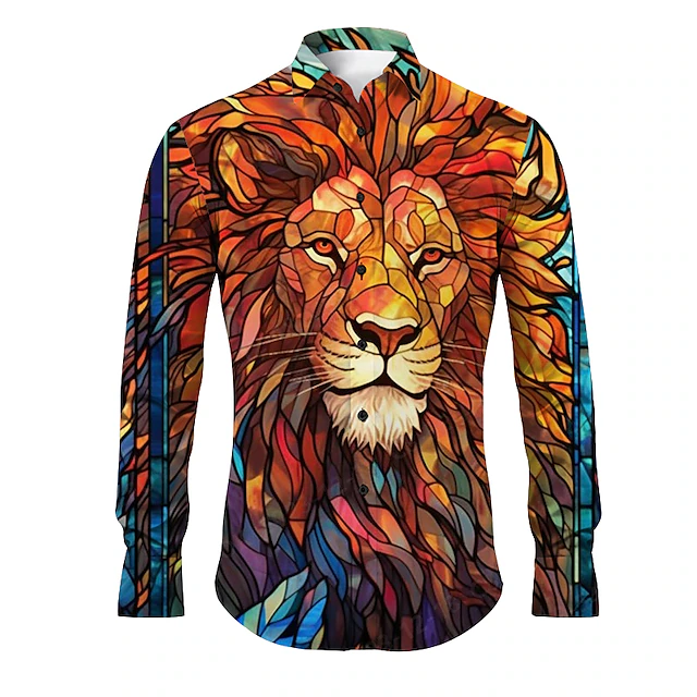 Men's Lion Shirt Button Up Shirt Long Sleeve Abstract Daily Wear Going out Spring & Summer Turndown Print Button-Down Yellow Red Blue Purple Green 6