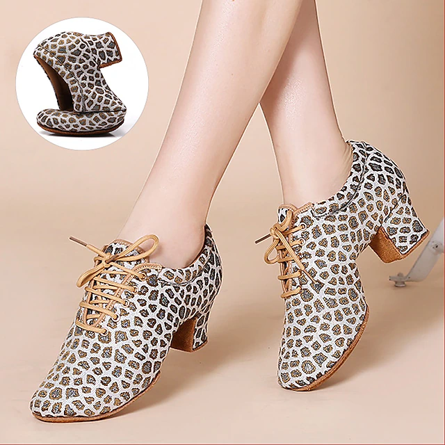 Women's Latin Shoes Practice Trainning Dance Shoes Performance Training Heel Cuban Heel Round Toe Lace-up Adults' Black Brown 17