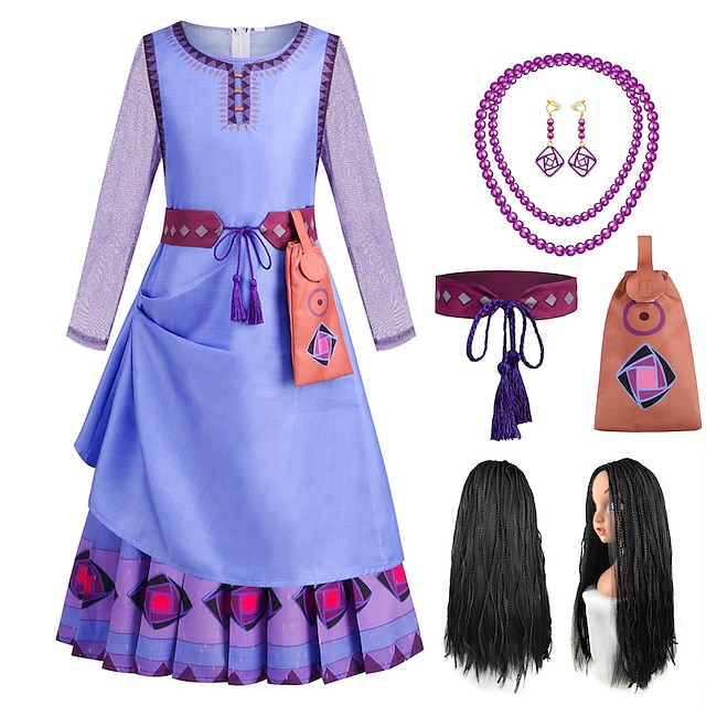  Wish Princess Asha Dress Cosplay Costume Outfits Girls' Movie Cosplay Cute Purple Halloween Carnival Children's Day Dress Belt Bag