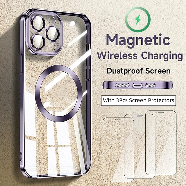  étui magsafe + 3 pack de protecteur d'écran pour iphone 15 14 plus 13 12 11 pro max étui de chargement sans fil magnétique couvercle de protection d'objectif en silicone transparent de luxe