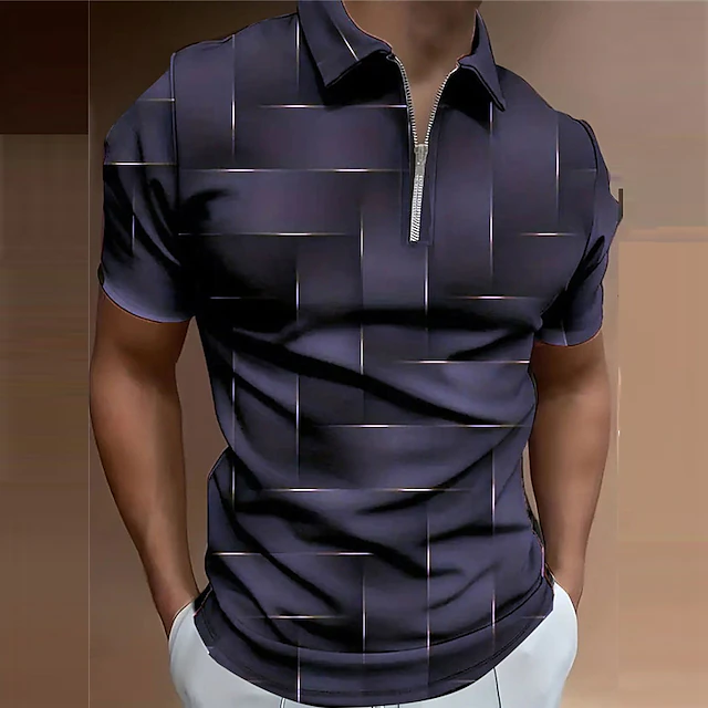 Men's Plaid Zip Polo Shirts Golf Shirt Short Sleeve Polo Shirts Collared Shirts Casual Vacation Wear Formal Wear Festival Wear 3D Print Quarter Zip Polo Spring & Summer Black Purple Brown 5