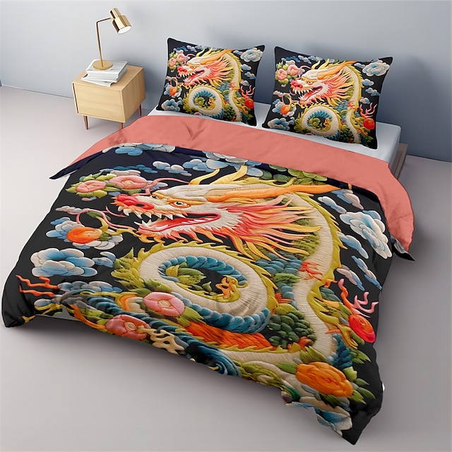  drak quilt art mönster påslakan set täcke set mjuk 3-delad lyxiga sängkläder i bomull heminredning present king queen full size