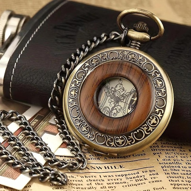  ساعة جيب ميكانيكية للرجال ذات قلّاب ريترو، نحت كلاسيكي للحبوب الخشبية، ساعة سلسلة معلقة للطلاب المجوفة