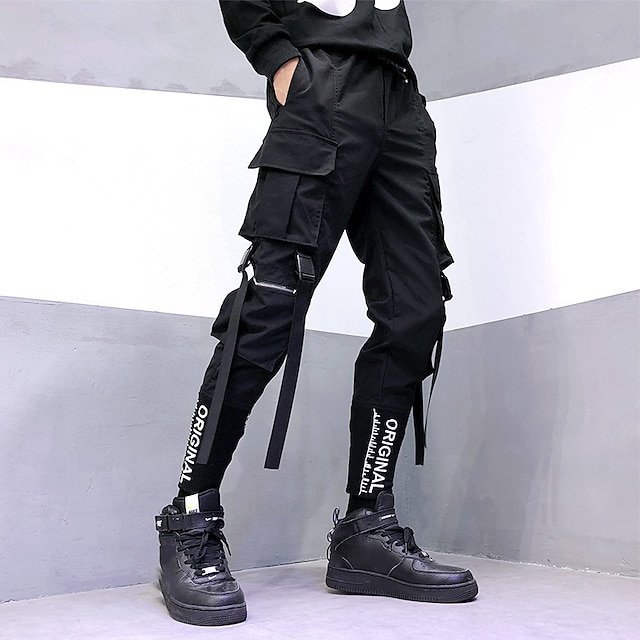  Men's Cargo Pants Joggers Techwear Drawstring Elastic Waist Multi Pocket Graphic Letter Comfort Wearable Casual Daily Holiday Sports Fashion Black