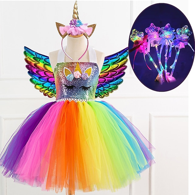  Conjunto com vestido de tutu de unicórnio com asas e faixa de cabeça com 4 varinhas de estrelas iluminadas, vestido de tule de princesa halter para meninas, fantasias de carnaval do Dia Mundial do