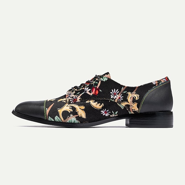  Men's Dress Shoes Black Floral Embroidery Leather Italian Full-Grain Cowhide Slip Resistant Lace-up