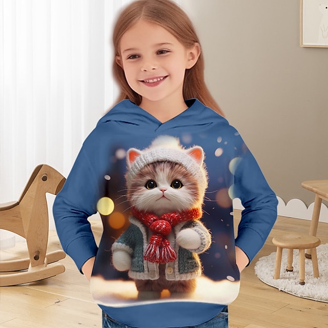 Dla dziewczynek 3D Kot Bluza z Kapturem Pullover Długi rękaw Druk 3D Wiosna Jesień Aktywny Moda Śłodkie Poliester Dzieci 3-12 lat Kaptur Na zewnątrz Codzienny Regularny
