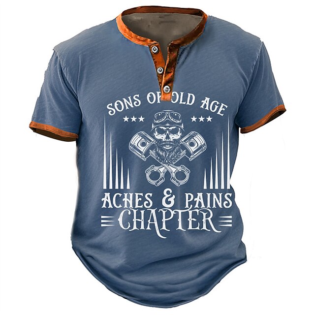 Men's Graphic Letters Skulls T shirt Henley Shirt Short Sleeve 3D Print Fashion Retro Vintage Classic Sports Outdoor Holiday Going out Spring & Summer Blue Army Green Dark Blue Henley Henley T-Shirt4