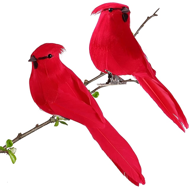  2 peças de pássaros cardeais vermelhos artificiais com clipe, pássaros simulados de penas de natal, adorno de pássaros de espuma para enfeite de árvore, pássaros, artesanato, árvore, casa, decorações